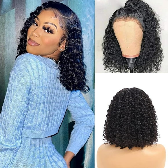 Perruques en Dentelle 13x4 HD avant Cheveux Humains Pré-Plumés 12 Pouces Courtes Perruques en Cheveux Humains pour Femmes Noires Sans Colle Fermeture Frontale Perruque Bouclée