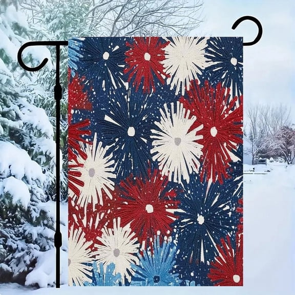 RKSupls Patriotic Linen Double Sided Garden Flag, Independence Day Themed Yard Decor, Red White Blue Firework Burst Outdoor Banner for Holiday Lawn