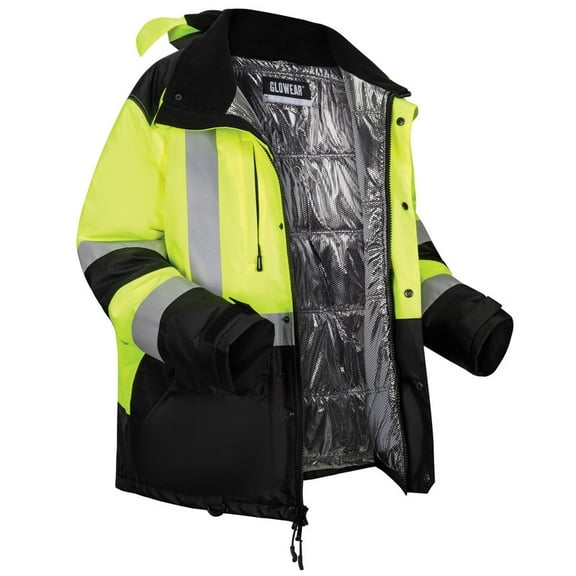 GloWear AmpliFIRE Winter Jacket, 25722, Class 3, Type R, Reflective Tape, Hip Length, Small, Lime
