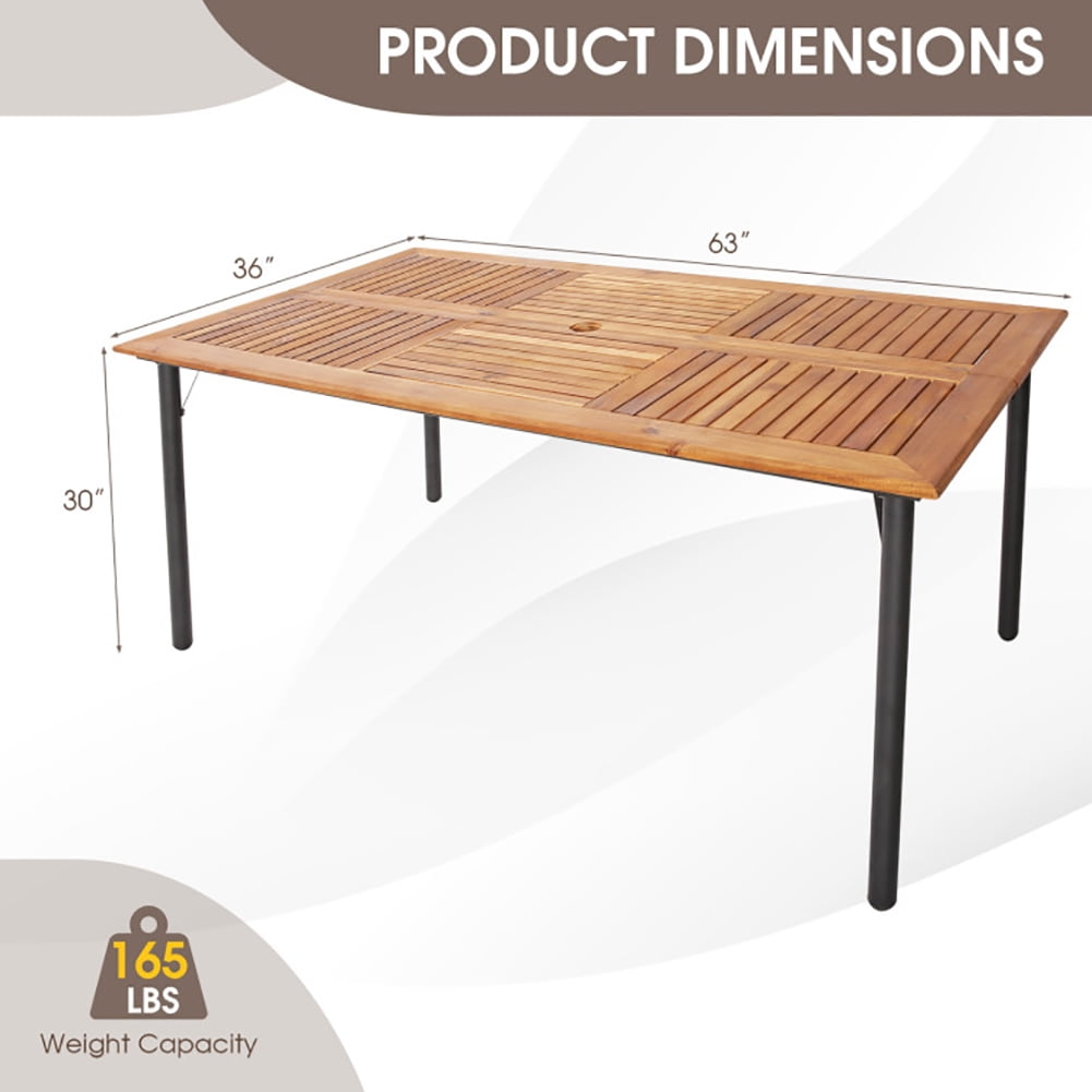 Aimee Lii Patio Acacia Wood Dining Table with Umbrella Hole and Metal Legs, Outdoor Patio Furniture