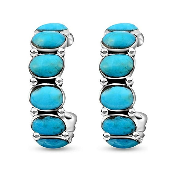 Turquoise Half Hoop Earrings - Western Huggie Earrrings in 925 Sterling Silver for Women - Handmade Blue Green Turquoise Southwestern Huggies Hoops Jewelry Birthday Christmas Gifts for Women
