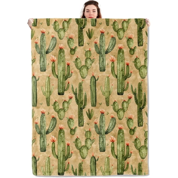 Cactus Floral Blanket Lightweight Blankets Gifts for Adults Flannel Throw with Southwestern Desert Botanical Illustration Printed for Sofa, Bed, Travel, Camping, Decor Throws 60x50 Inch