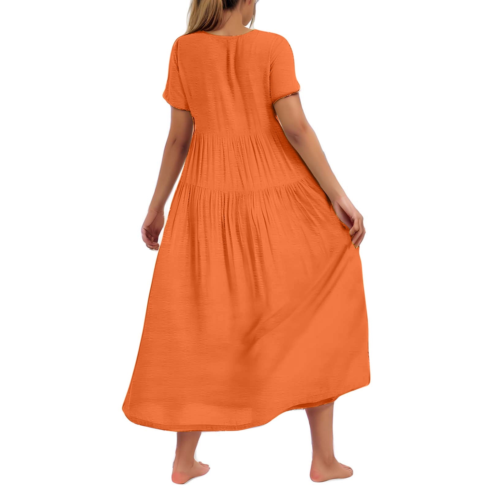 Hueook Casual Dresses for Women Women's Flower Solid Color Casual Short Sleeve Crewneck Dress Casual Flowy Tiered Maxi Beach Dress Orange 2X
