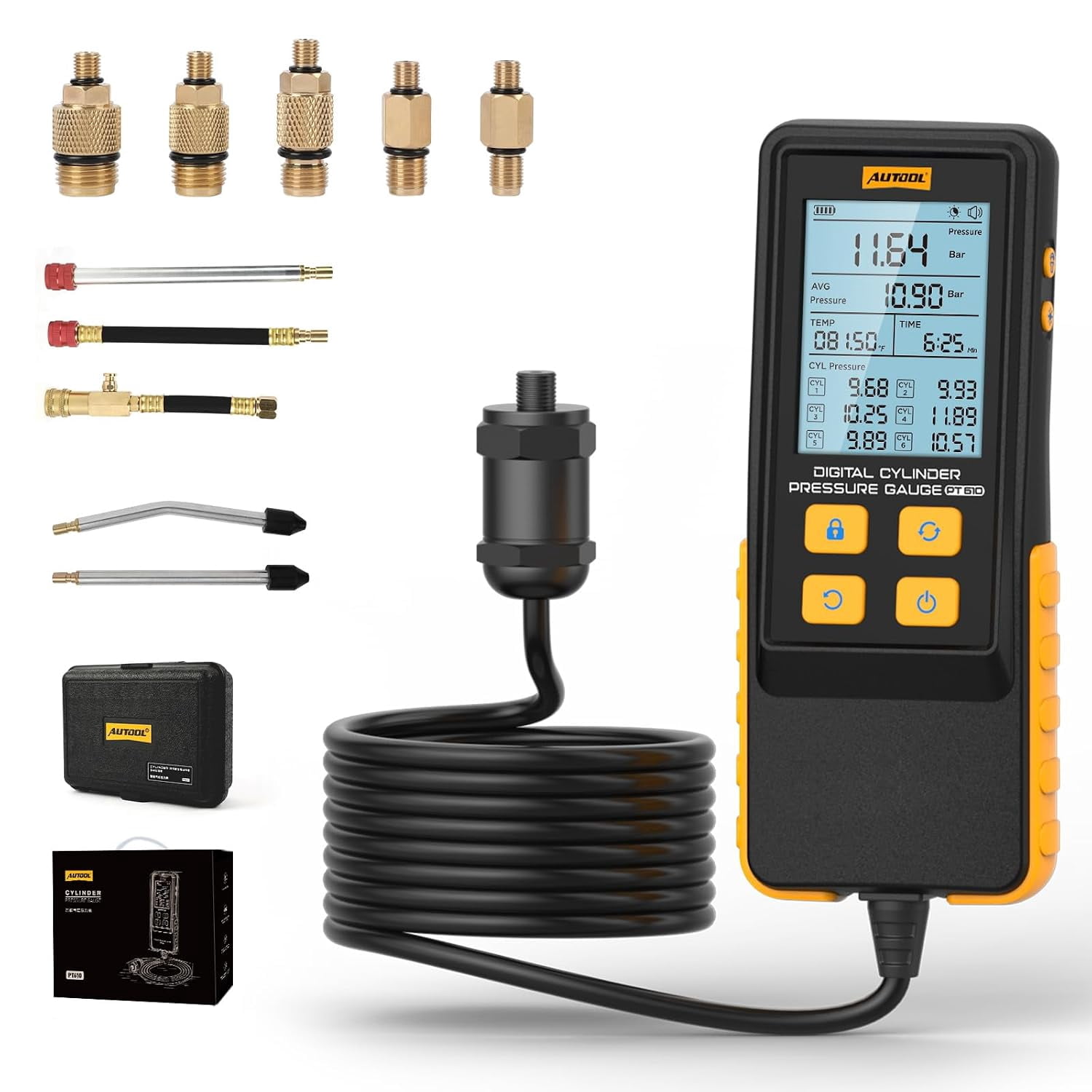 AUTOOL PT610 Digital Cylinder Compression Pressure Tester, 0-426PSI 0~29bar Auto Petrol Engine Gauge Tool Kit with Adapters & Hoses