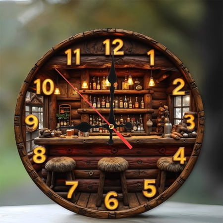 Rustic Wooden Bar Clock Wall Decor Cabin Pub Theme 10-Inch Silent Wooden Wall Clock, Battery Operated (AA Batteries Not Included), Artistic Home Decor