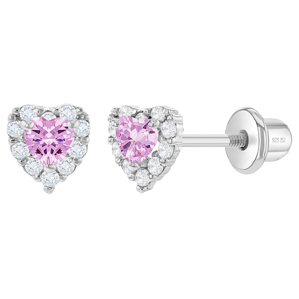 Details about   Rhodium Plated February Purple Crystal Heart Screw Back Earrings Teens Girls 7mm 