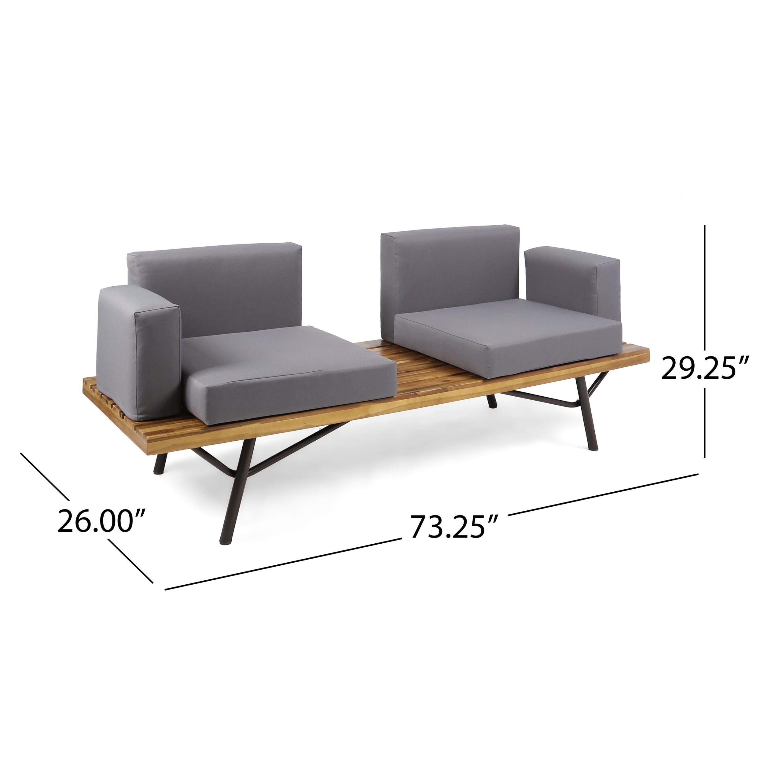 Outdoor 2 Seater Sofa, Acacia Wood Frame with Metal Legs Leisure Couch for Patio Garden, Teak and Dark Gray