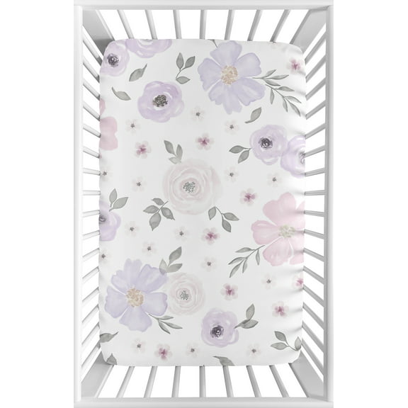 Watercolor Floral Lavender Mini Fitted Crib Sheet by Sweet Jojo Designs