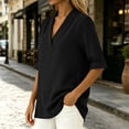 thumbnail image 6 of Women's Summer Shirts Casual Loose V-Neck Fixed Roll Cuff Short Sleeve Solid Color Blouses Lightweight cotton Linen Curved Hem Short Tops for Office Daily Wear, 6 of 7