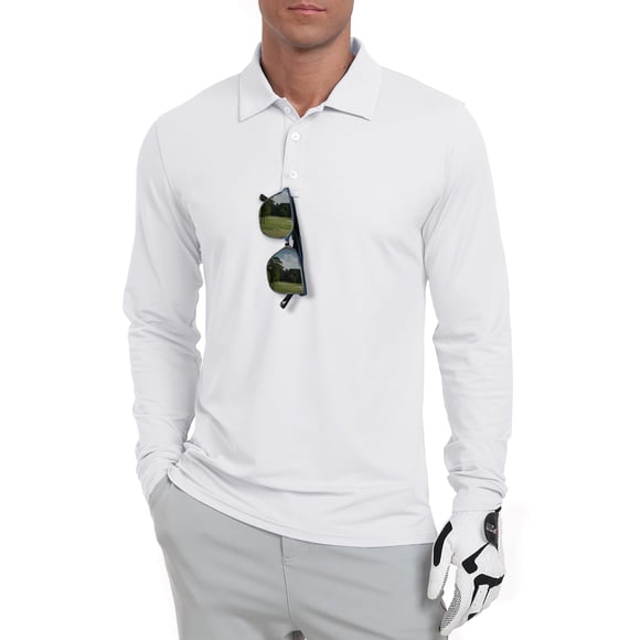 Polo de golf Askdeer para hombre, manga larga, UPF 50+, color blanco