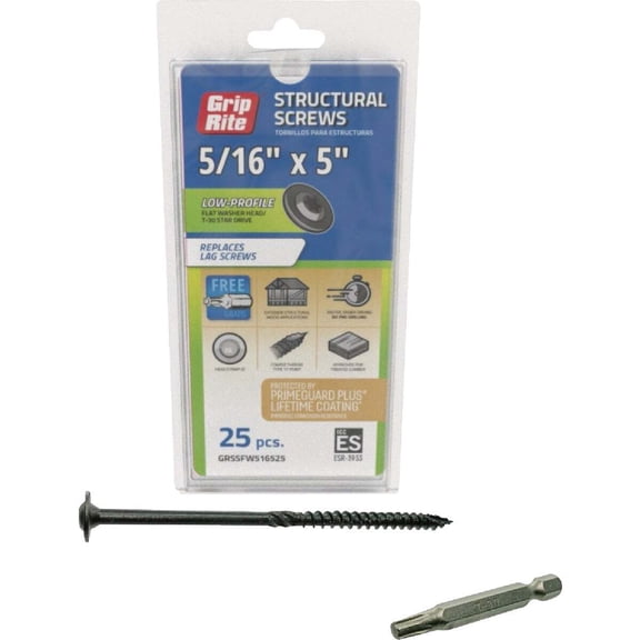 GRSSFW516525-GRIP-RITE 5/16 X 5" PRIMEGUARD PLUS COATED T-30 STAR DRIVE WASHER HEAD COARSE THREAD TYPE 17 POINT STRUCTURAL SCREW 25 COUNT