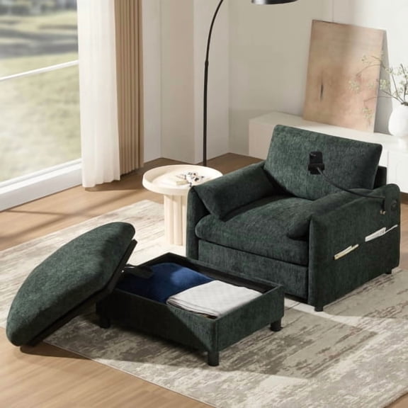 37 Inch Modern Cloud Chaise Lounge, Single Sofa with Storage Ottoman, Adjustable Phone Holder & USB Charger, Chenille Armchair for Living Room, Apartment, Green