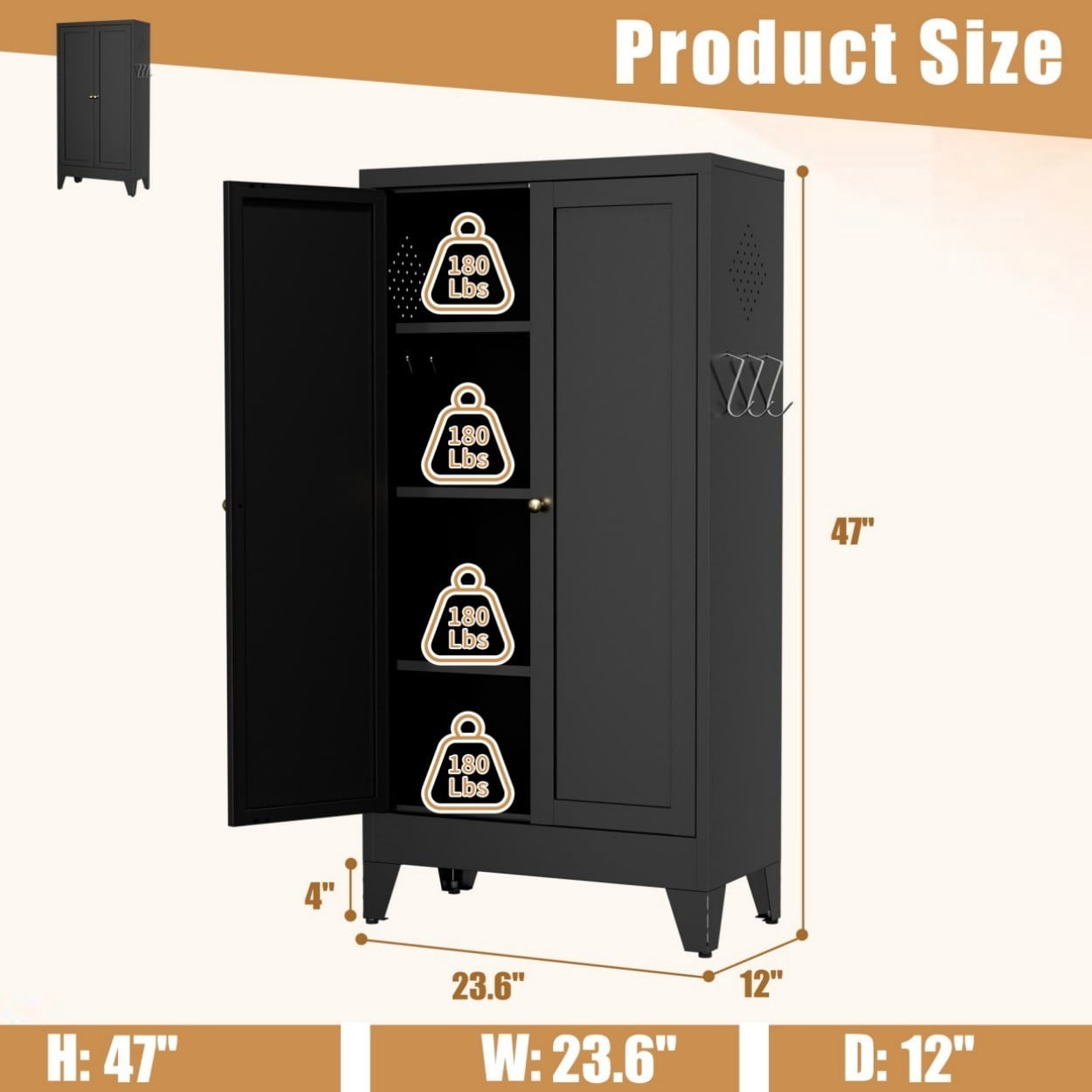 47.3" Metal Kitchen Pantry Cabinet with Doors, Heavy Duty Freestanding Storage Organizer, Adjustable Shelves, 110 LBS Capacity Steel Cabinet for Kitchen Pantry Living Room, Black