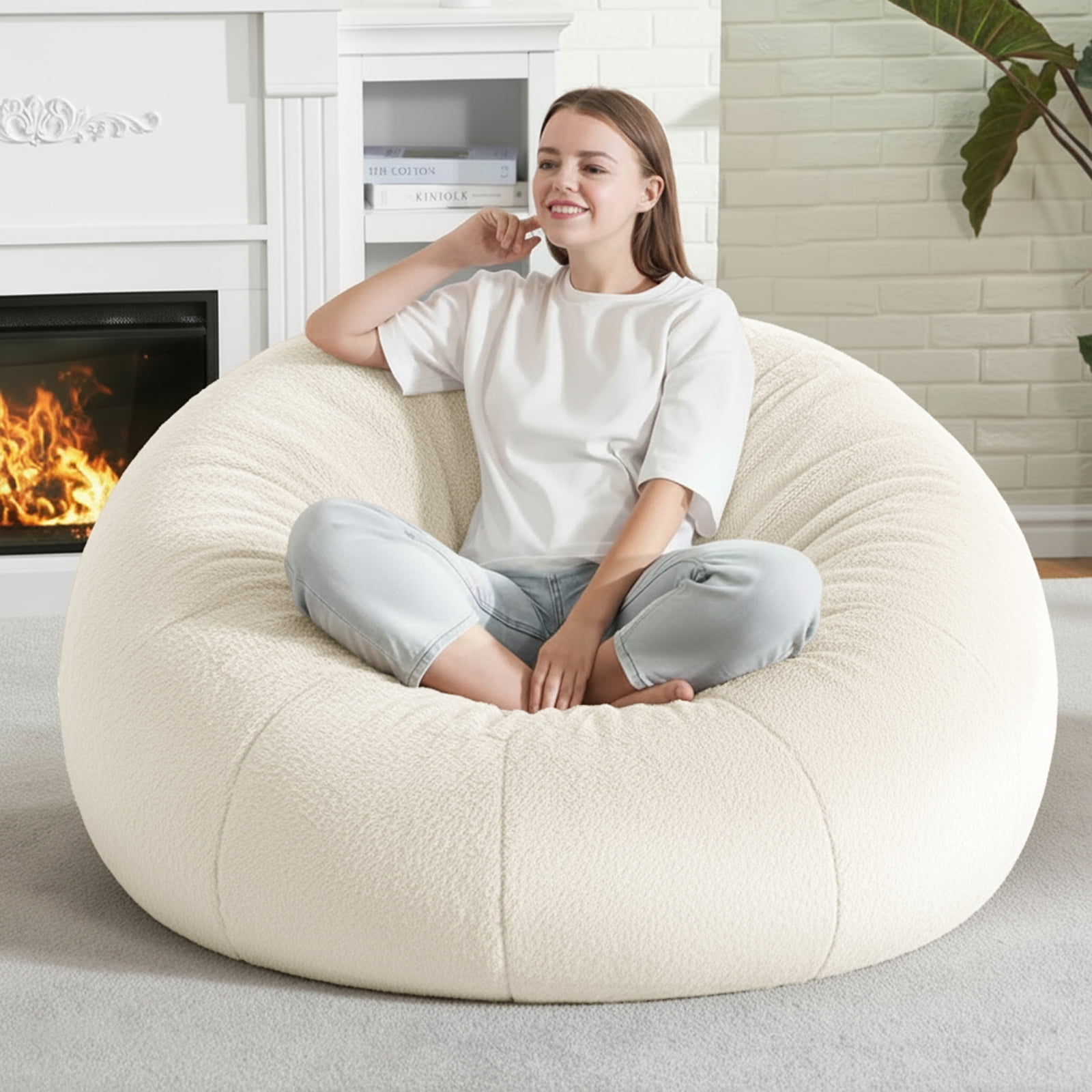 Large Bean Bag Chair for Adults, Oversized Memory Foam Beanbag Sofa with Soft Ice Flower Velvet Cover for Reading, Gaming & Relaxing (White)