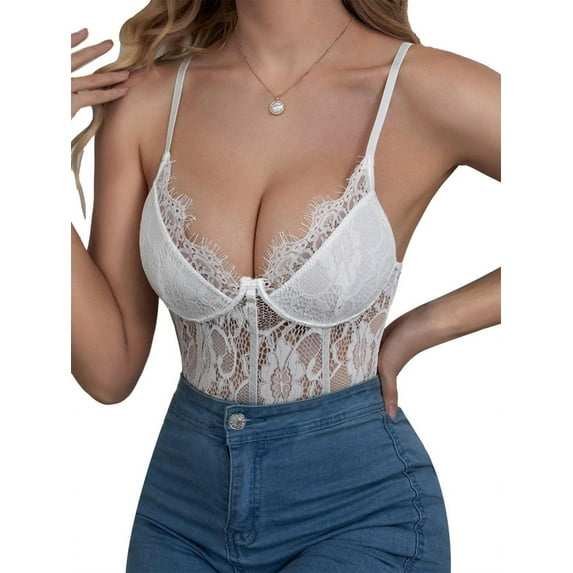 popiv Women's Sexy Eyelash Lace Bodysuit Corset Top Naughty Snap Crotch Teddy Lingerie,White,S-2XL