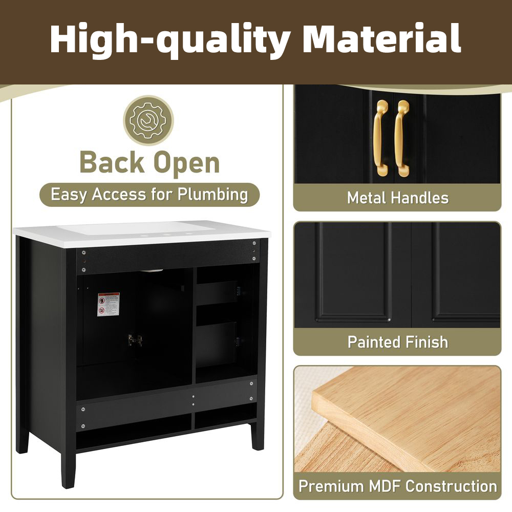 MIDOQIN 36" Bathroom Vanity with Sink, Free Standing Single Basin Vanity Set with Solid Frame & Four Drawer, Wooden Bathroom Cabinet with Ceramic Basin