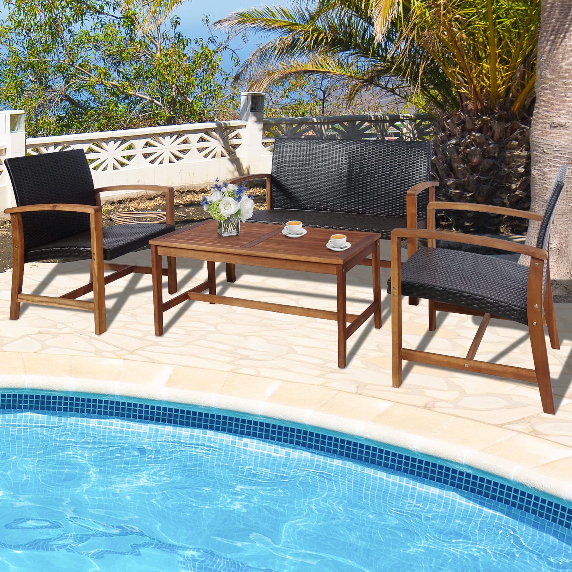Gymax 8PCS Patio Conversation Set Outdoor Furniture Set w/ Acacia Wood Frame