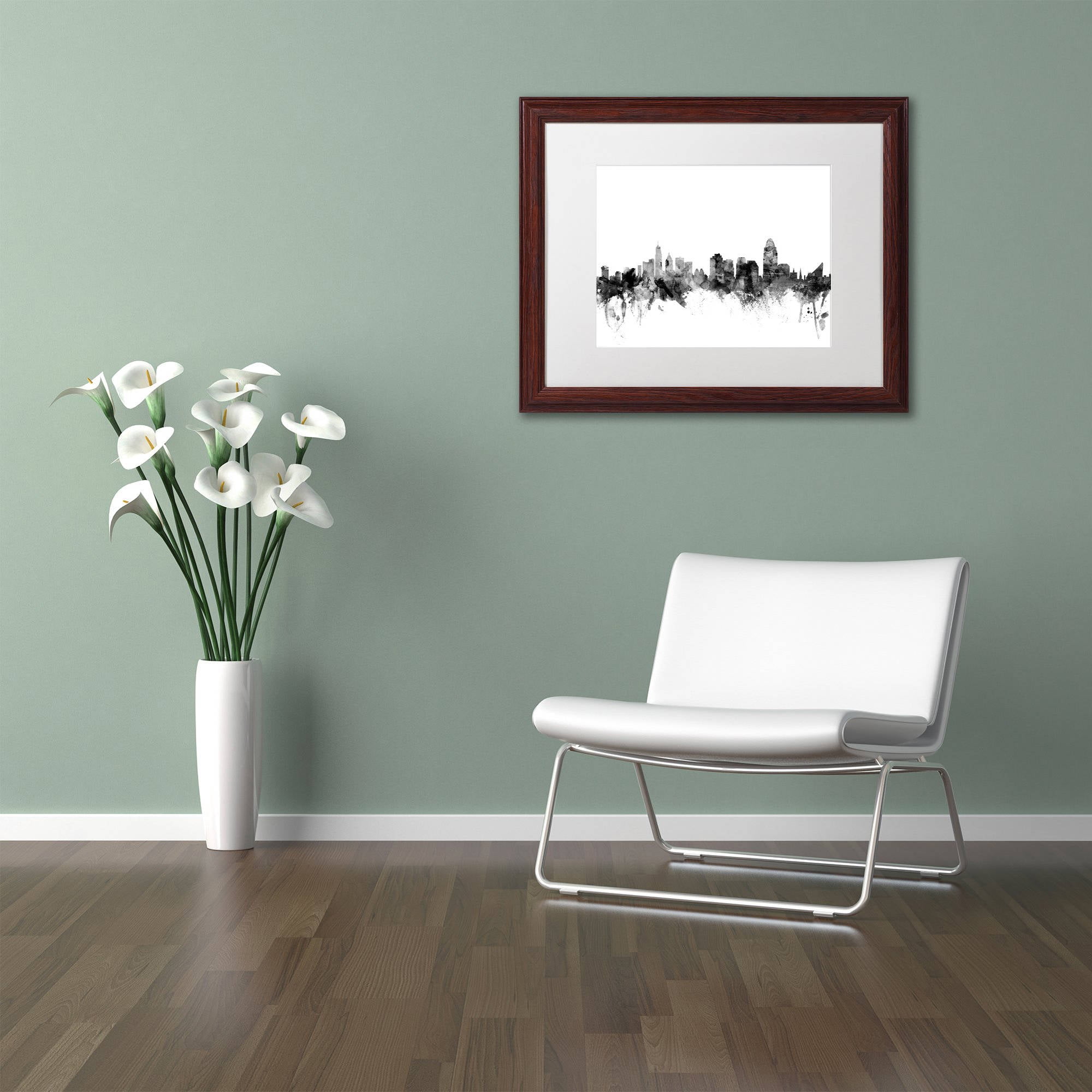 Trademark Fine Art "Cincinnati Ohio Skyline B&W" Canvas Art by Michael Tompsett, White Matte, Wood Frame