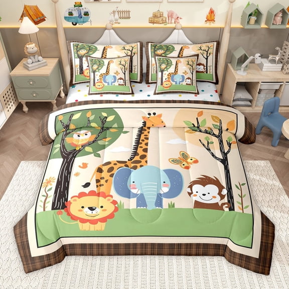 Manfei Cute Elephant Giraffe Lion Boy Girl 7-Piece Twin Bedding Sets,Cartoon Animal Bedding Comforter Set,Woodland Animal Breathable Sheet Sets,Microfiber Bedroom Decor,Reversible