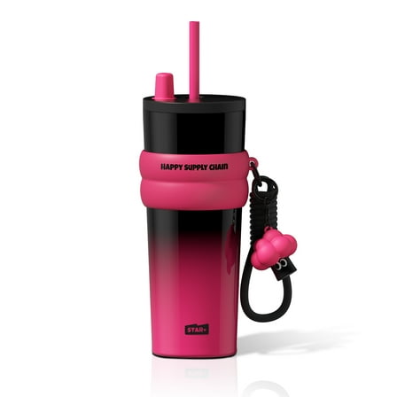 24 oz Stainless Steel Tumbler with Lid & Straw, Leak-Proof Insulated Water Bottle, Portable Travel Coffee Mug for Women (Black&Pink)