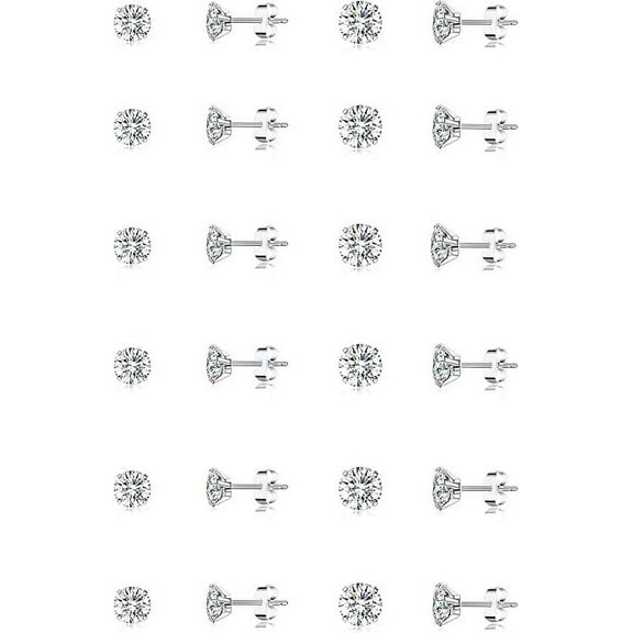 Xukmct 12 Pairs 316L Stainless Steel Stud Earrings Round Cubic Zirconia Stud Earrings Set Screw Flat Back Earrings for Men Women 2MM-3MM