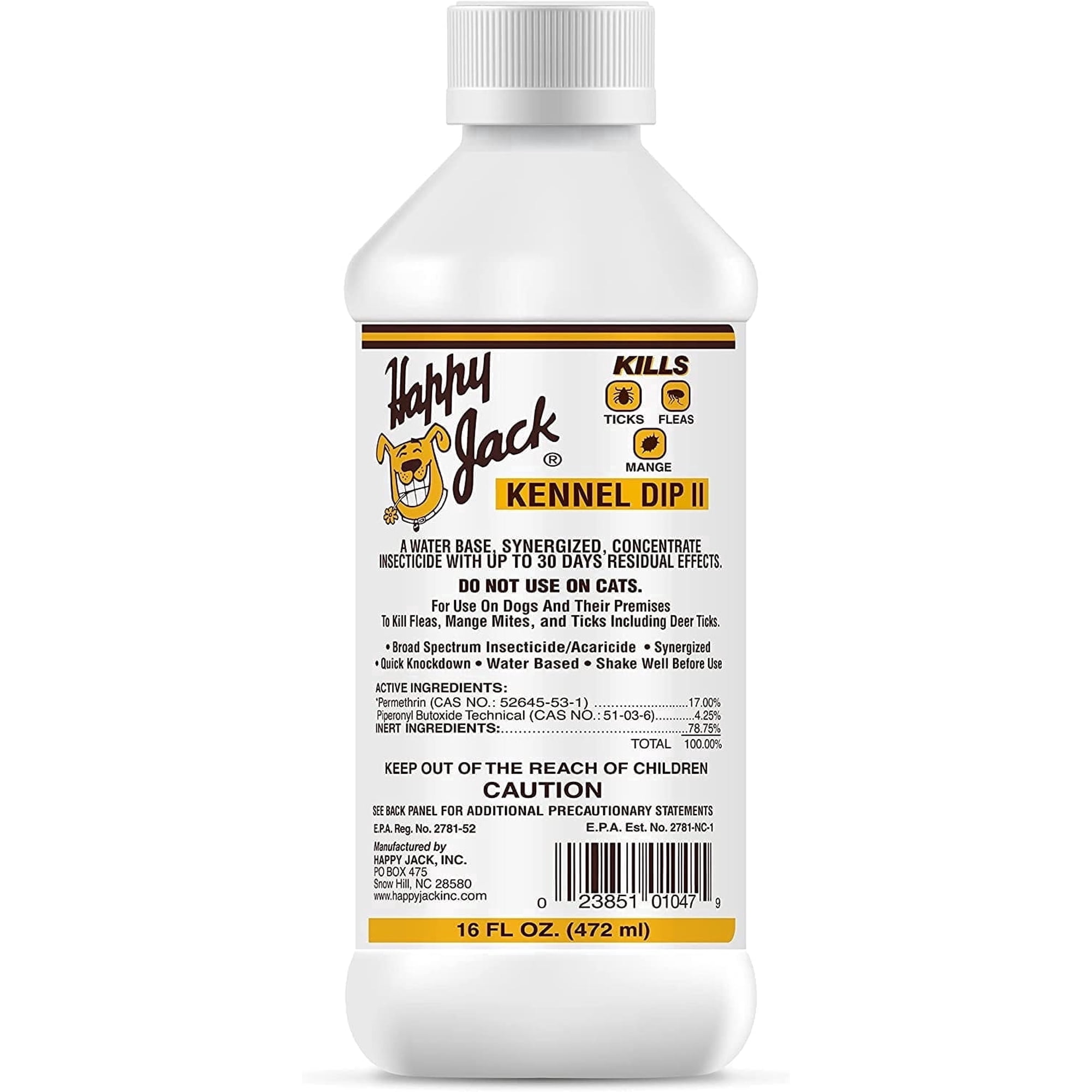 Happy Jack Kennel Dip II Flea, Tick, and Mange Treatment for Dogs, Concentrate, 16 oz Bottle