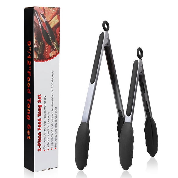Pinzas de Cocina, Pinzas para Barbacoa en Acero Inox y Silicona, Pinzas para Ensalada y Servir con Consejos sin Rasguños y Mangos de Cojín de Silicona Anti-Deslizante (Negro, 9 y 12 Pulgadas)