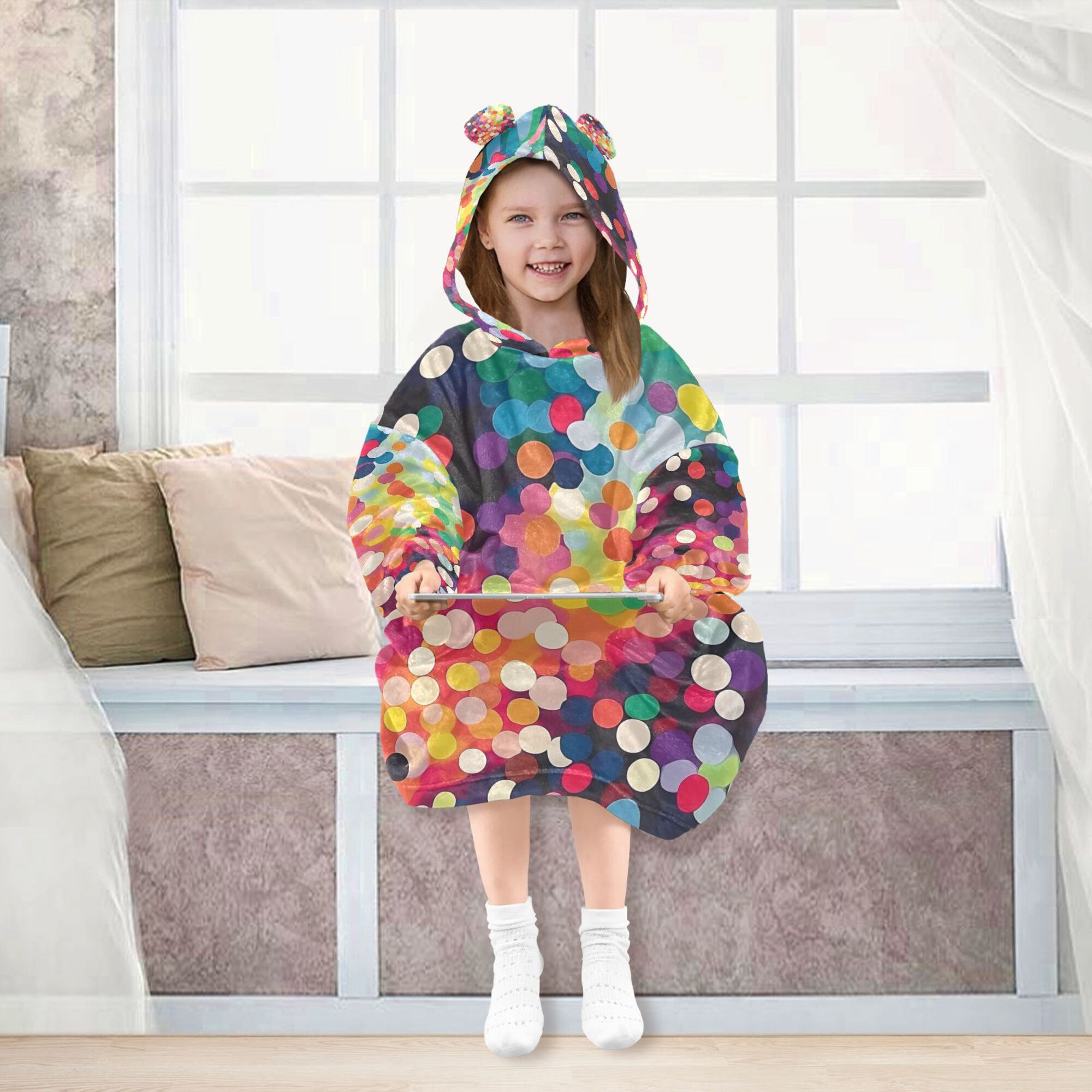 FORMRS Wearable Blanket Hoodie with Sleeves for Kids Cozy Flannel Sweatshirt, Green Colorful Circles
