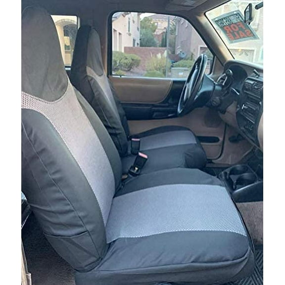 F282 1998-2001 Ford Ranger XLT XCab Front High Back 60/40 Split Bench with Molded Headrests in Black and Gray Twill