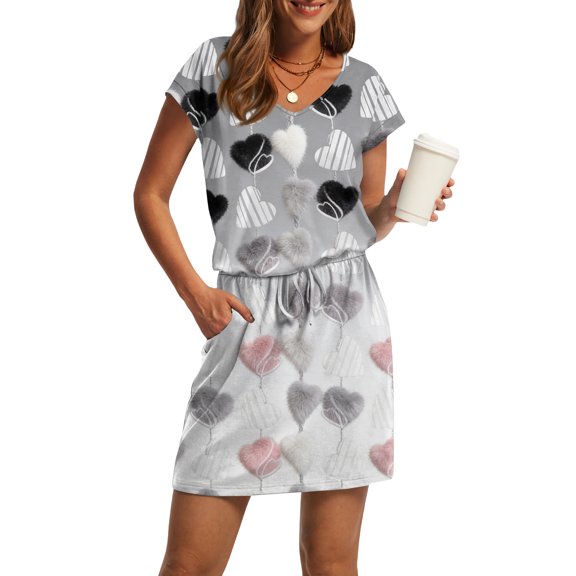Women s V Neck Short Sleeve Drawstring Waist Pocketed Valentine Heart Print Casual Dress Soft Comfortable Loungewear for Home Daily Wear Multiple Colors Sizes S to 2XL