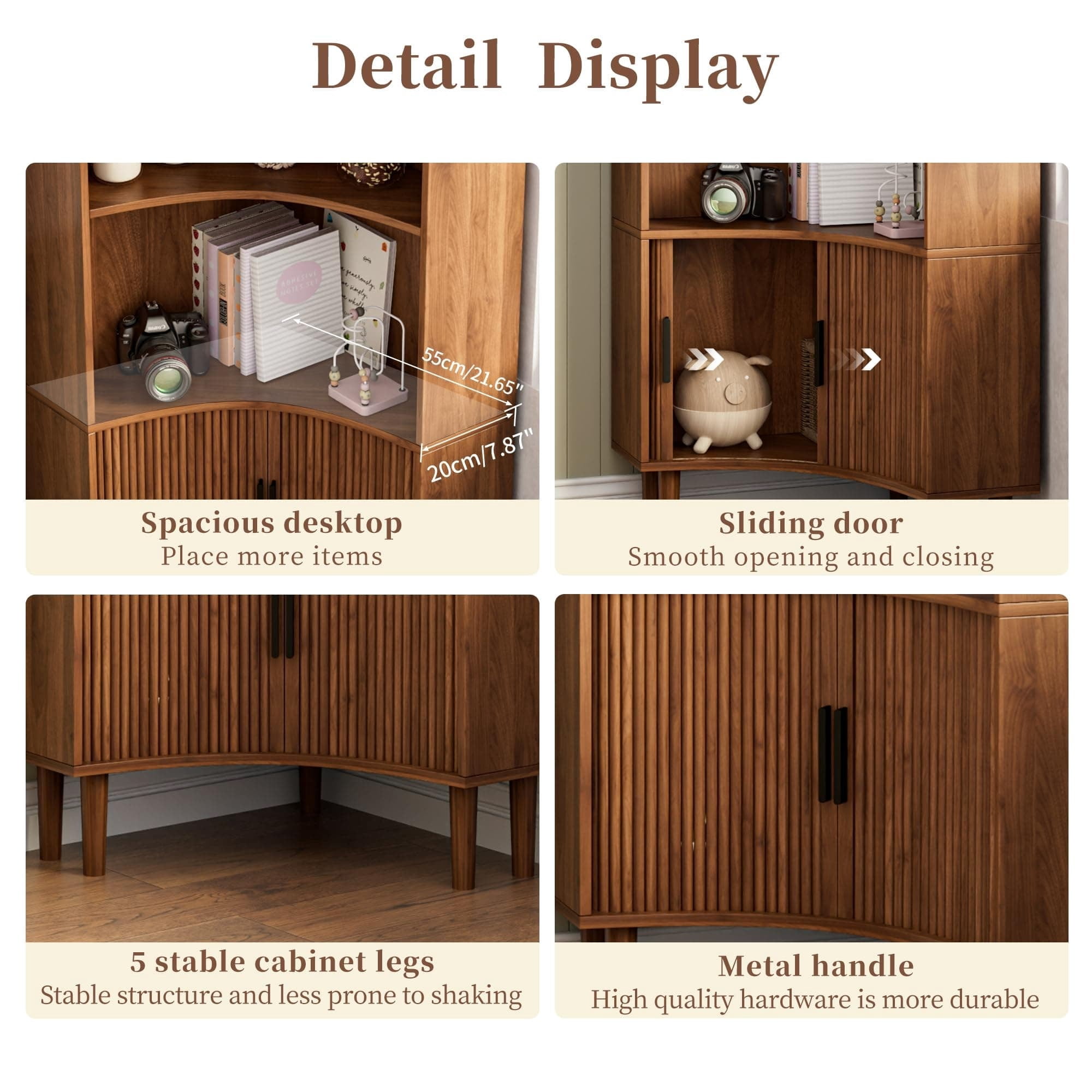 67" Tall Fluted Corner Cabinet with Sliding Doors, Modern Wood Freestanding Storage Organizer