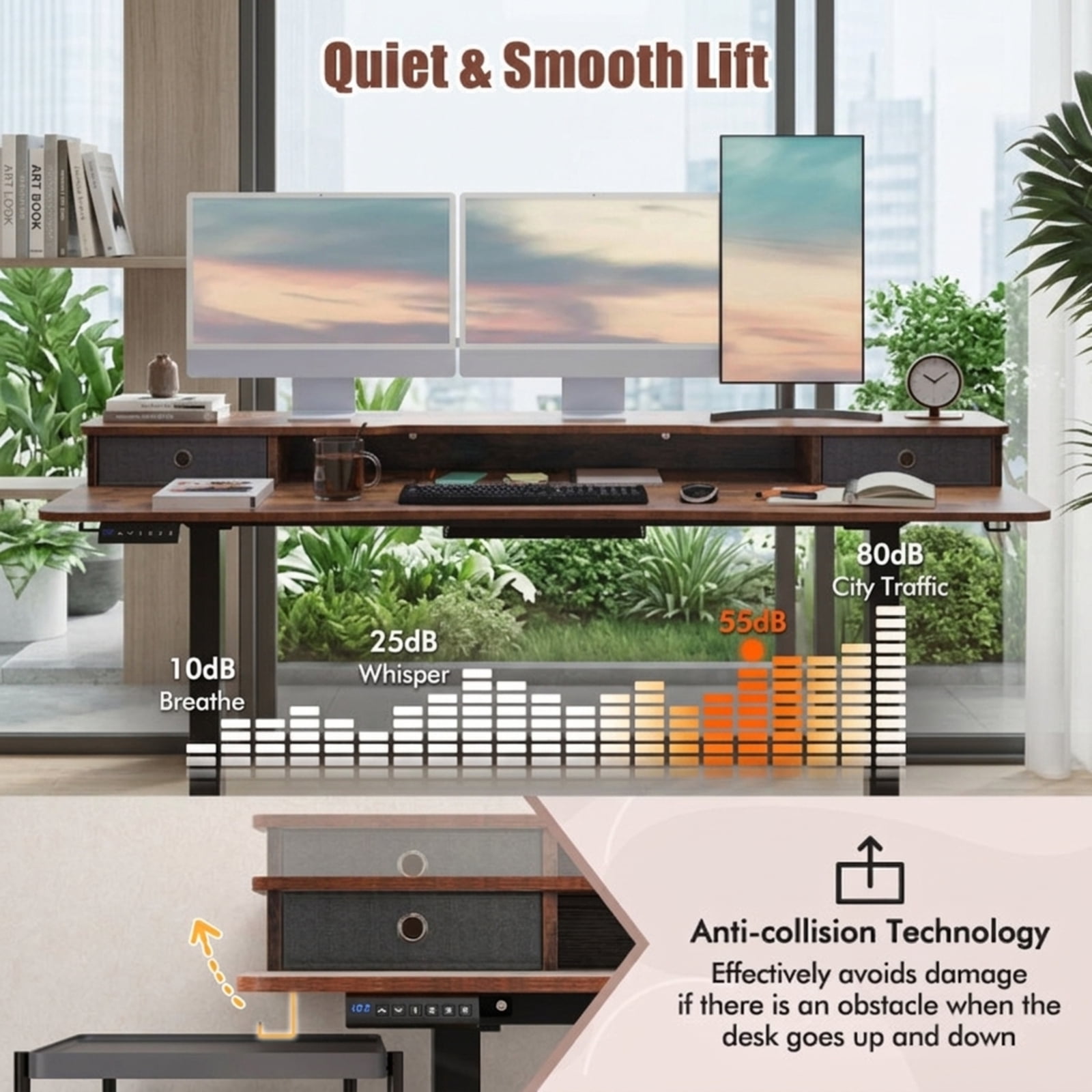 Furnibear 63 x 24 Inch Electric Standing Desk with 2 Fabric Drawers Monitor Shelf Memory Presets and Cable Management for Home Office, Rustic Brown