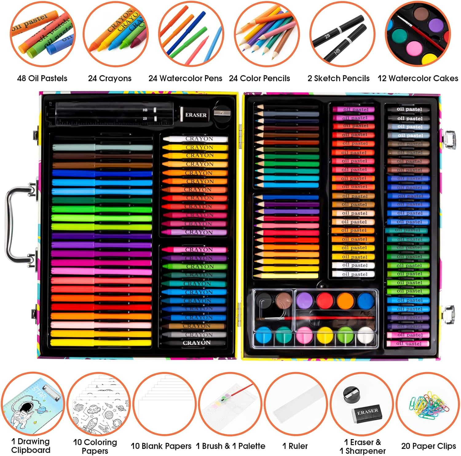 180 Piece Art Supplies, Drawing Painting Art Kit with Clipboard and Coloring Papers