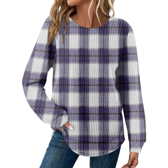Kixjoy Crewneck Sweaters for Women Plus Size Casual Long Sleeve Tunic Tops Loose Fit Waffle Knit Striped Tops Fashion Fall Blouses for Women, Purple M