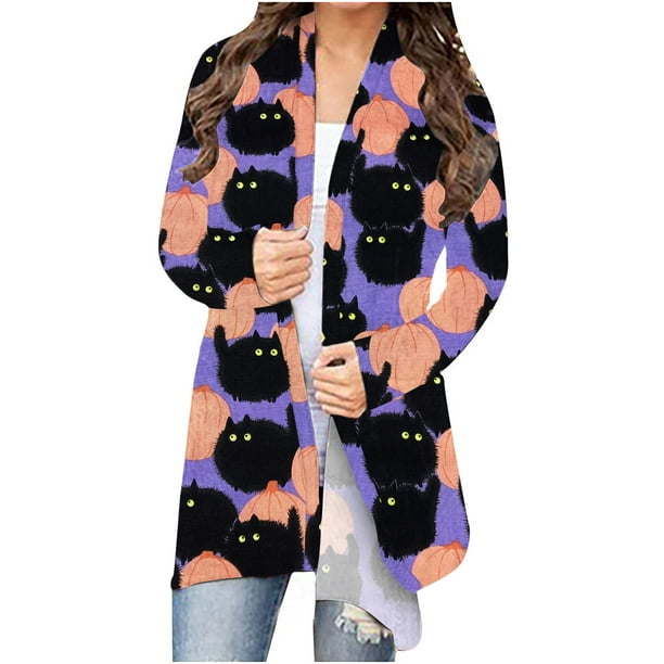 Blusa de manga larga para mujer, informal, con estampado de Halloween, estilo cárdigan Fridja hkj2710