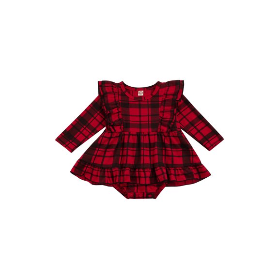 Kiapeise Baby Girl Christmas Plaid Dress Long Sleeve Ruffle A-Lined Crotch Button Loose Dresses