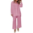 thumbnail image 2 of Cagogo Women's 2 Piece Long Sleeve Shirt Wide Leg Pants Set Casual Lounge Outfits Solid Collared Top Matching Lounge Set Airport Travel Clothes, Pink XL, 2 of 6