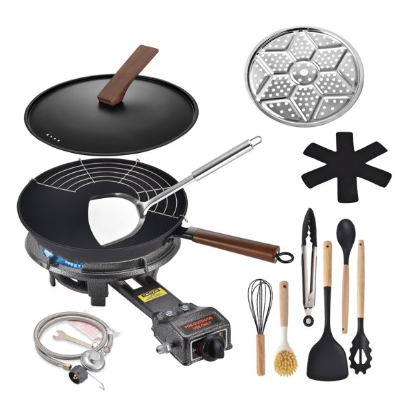 Outdoor Propane Burner Stove, 13"" Single Propane Burner and Carbon Steel Wok, Portable Propane Burner With Adjustable Regulator And Stainless Steel Hose, Great For Outdoor Wok Burner, Black