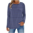 thumbnail image 2 of Aueoeo Womens Basic Stripe Shirts Classic Long Sleeve Round Neck Tee Solid Color Fall Tops Outfits Clothes for Ladies, 2 of 5