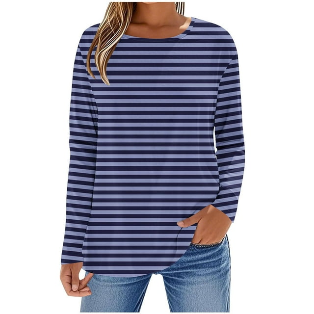Enjoytime Hauts de Mode pour Femmes Chemises à Manches Longues Rayées Col Rond Mignon Blouses de Travail Basiques