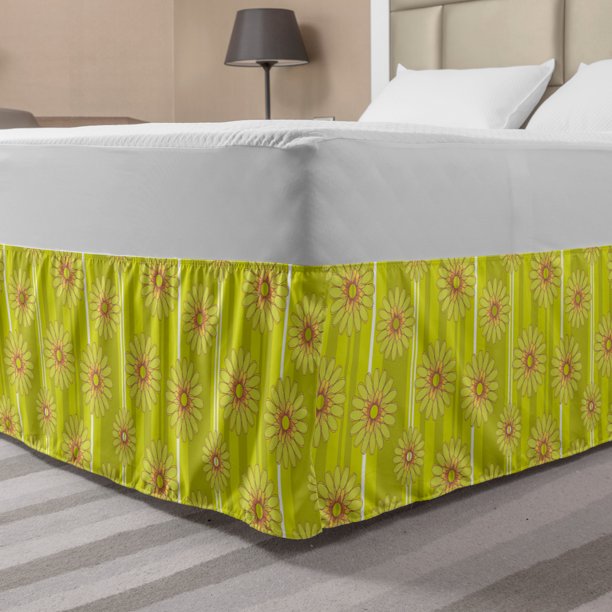 Floral Bed Skirt, Summer Pattern with Retro Design Petals on Lines