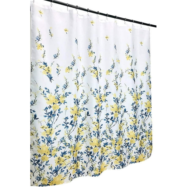 Delicate Watercolor Blue Yellow Floral Fabric Shower Curtain for