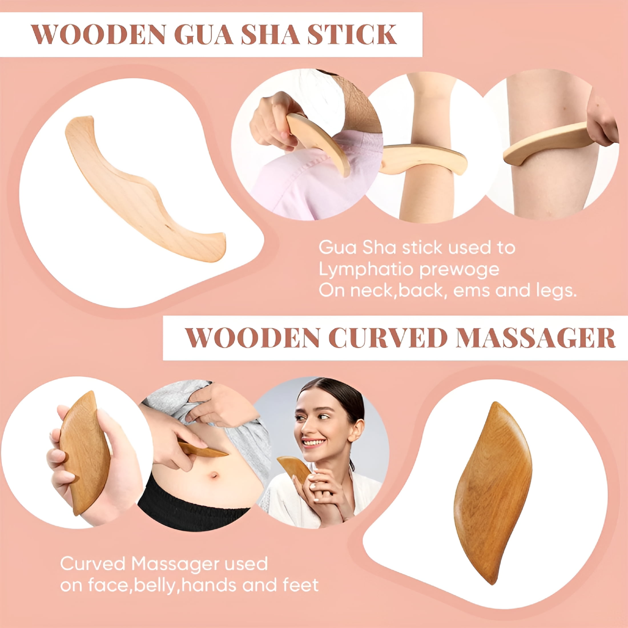 RAGUPEL 4 Pcs Dry Brushing Body Brush for Lymphatic Drainage Vegan Dry Brush with Wood Therapy Massage Lymphatic Drainage Tool Gua Sha Anti Cellulite Body Sculpting Sensitive Skin Exfoliation