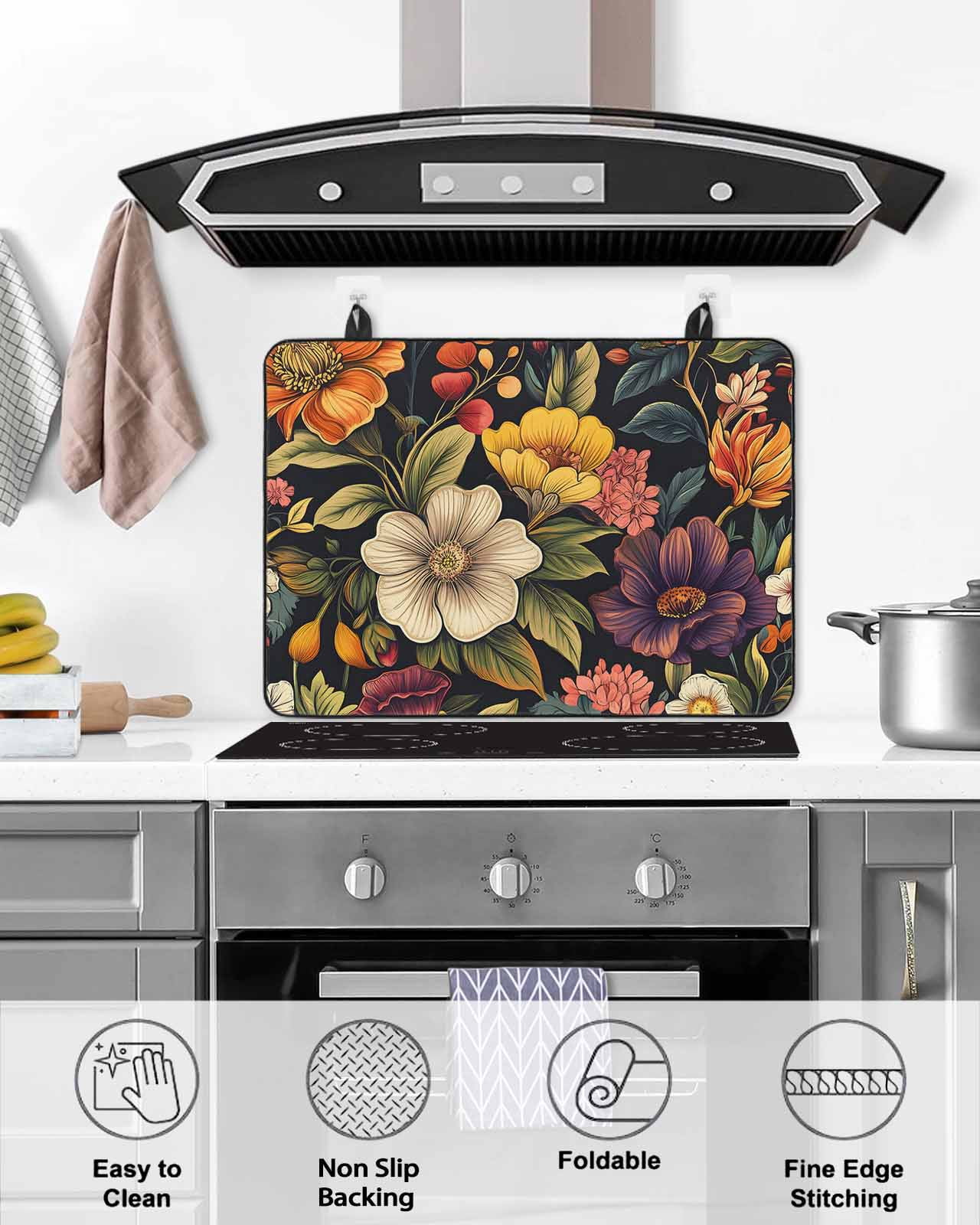 nqOlkjepod Large Induction Cooktop Protector Mat 24"x21", Orange Flower Stove Top Covers for Electric Stove, Sunflower Watercolor Plant Floral Leaf Stove Burner Cover Mats, Glass Top Stove Cover