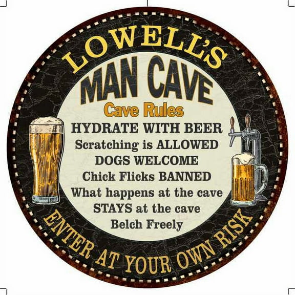 LOWELL'S Man Cave Rules 14" Round Metal Sign Garage Wall Decor 100140010317