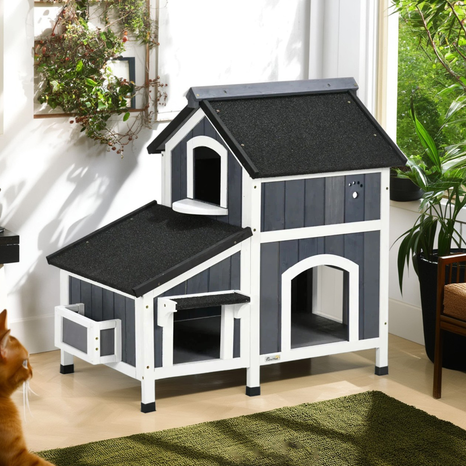 Pefilos 39" Wood Elevated Cat House with Escape Door, Outdoor Weatherproof 2-Story Feral Cat Shelter for Cats and Small Dogs, Gray