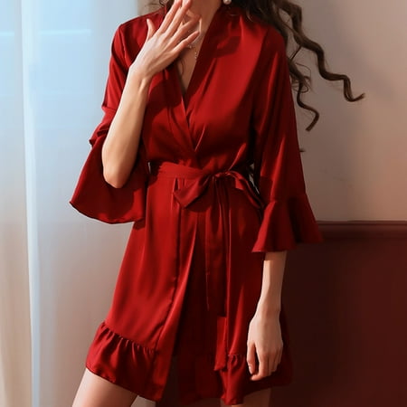 Long Robe Lingerie For Women Autumn Winter Silk Ruffled Lantern Sleeves Sleepwear Ice Silk Bathrobe Plus-size Nightdress Robe Xinyi