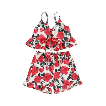 

Suanret Toddler Girls Summer 2Pcs Sets Solid Color Sleeveless V-Neck Bandage Tank Elastic Band Ruffle Shorts Red 18-24 Months