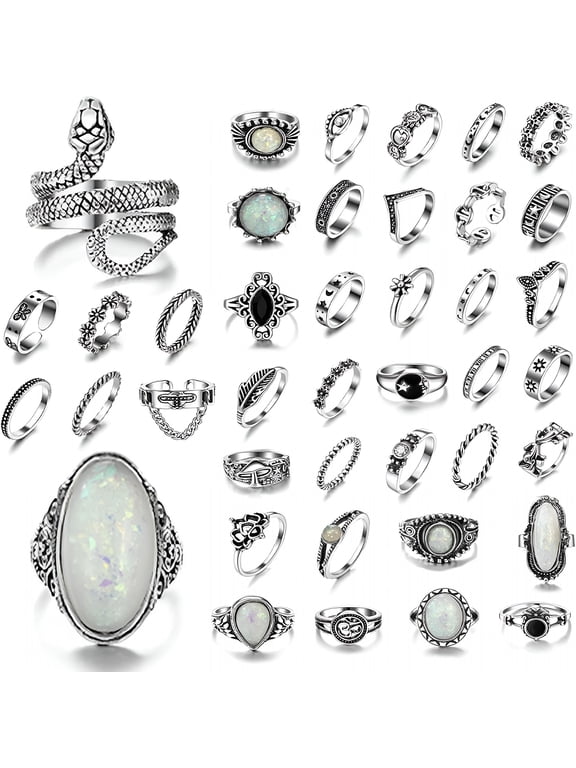 42 Pcs Vintage Silver Knuckle Ring Set Cool Alt Goth Punk Rings for Women Men Adjustable Stackable Grunge Emo Aesthetic Jewelry Snake Skull Chunky Band