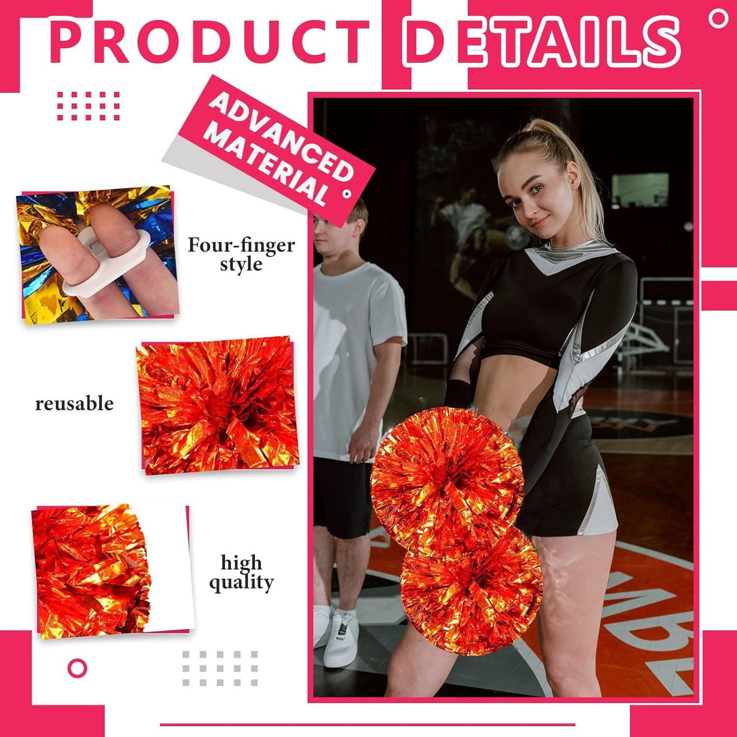 20 Pcs pom poms Cheer,pom poms Cheerleading with Finger Holes Metallic Foil Cheer Pom Pomsfor Dance, Matches (Black Red Silver)